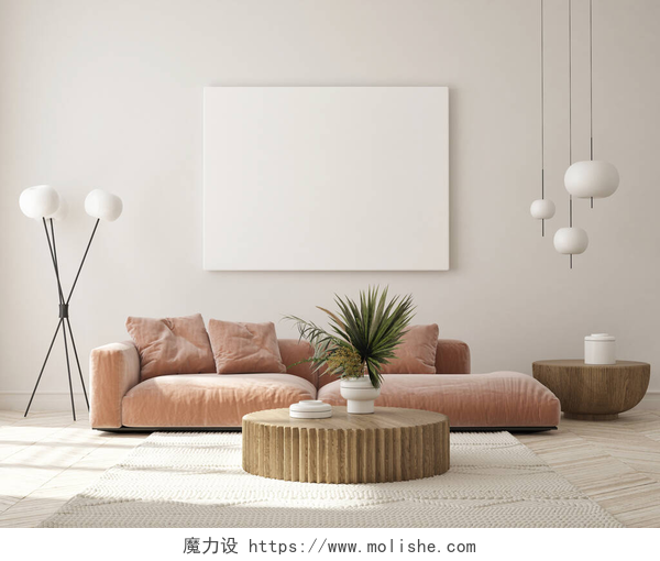 温馨装饰的客厅在现代室内环境、客厅、简约风格、 3D渲染、 3D插图中模仿海报框架